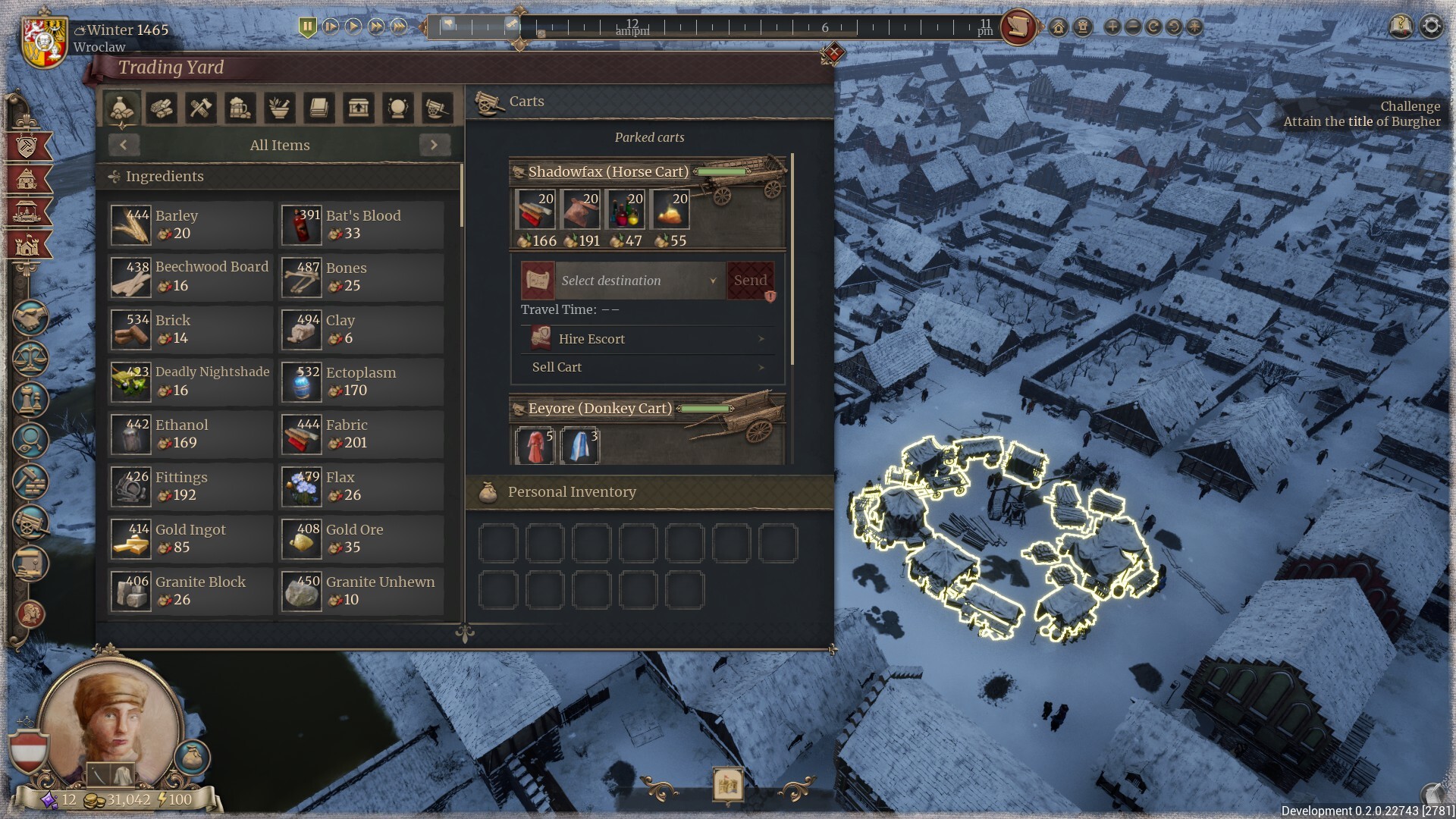 The Guild 1 Remake: Europa 1410 — Trading yard interface in The Guild 1 Remake: Europa 1410, displaying inventory items and parked carts over a snow-covered town.