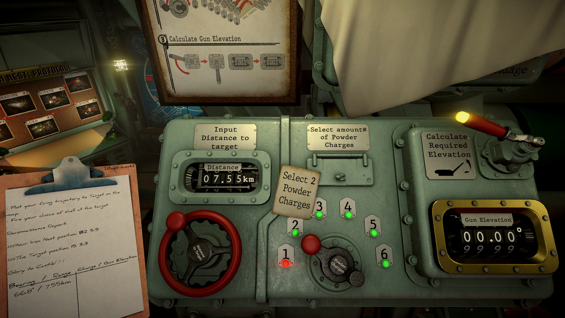 IRON NEST: Heavy Turret Simulator — Heavy turret control panel with distance, powder charge, and elevation settings; clipboard with tactical notes and map in background