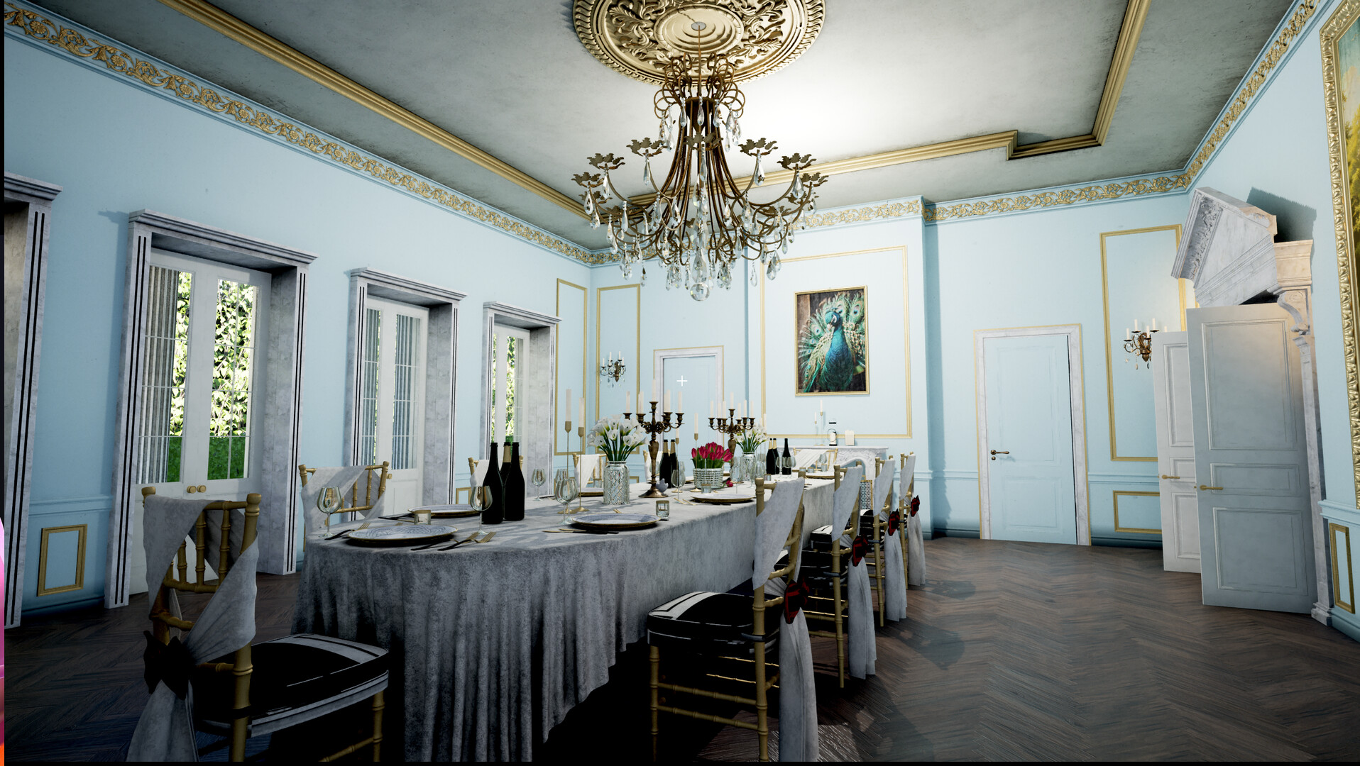Tidy Tokens — An elegant dining room with light blue walls, gold trim, and a central chandelier. A long table is set for dinner with bottles and candles, surrounded by decorated chairs.