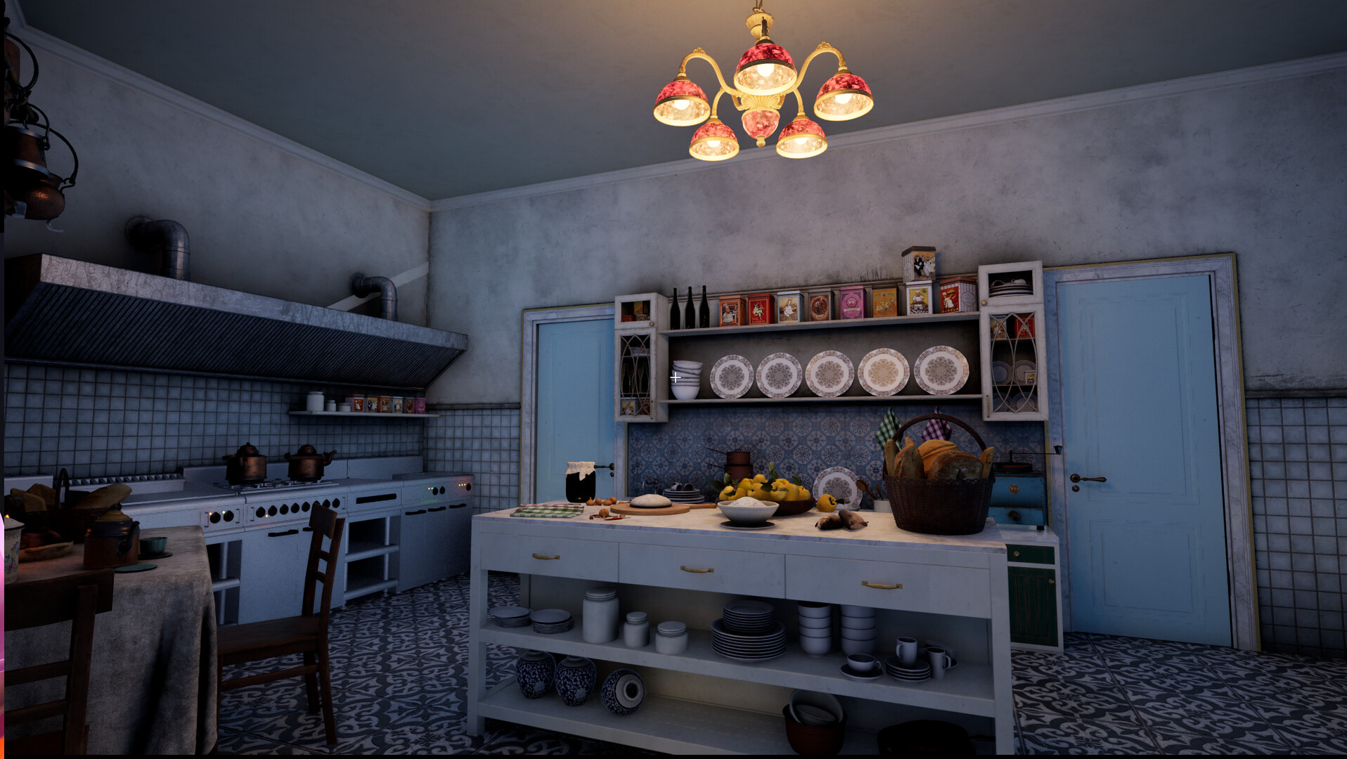 Tidy Tokens — Vintage kitchen interior featuring a central island, tiled walls, and a chandelier overhead.