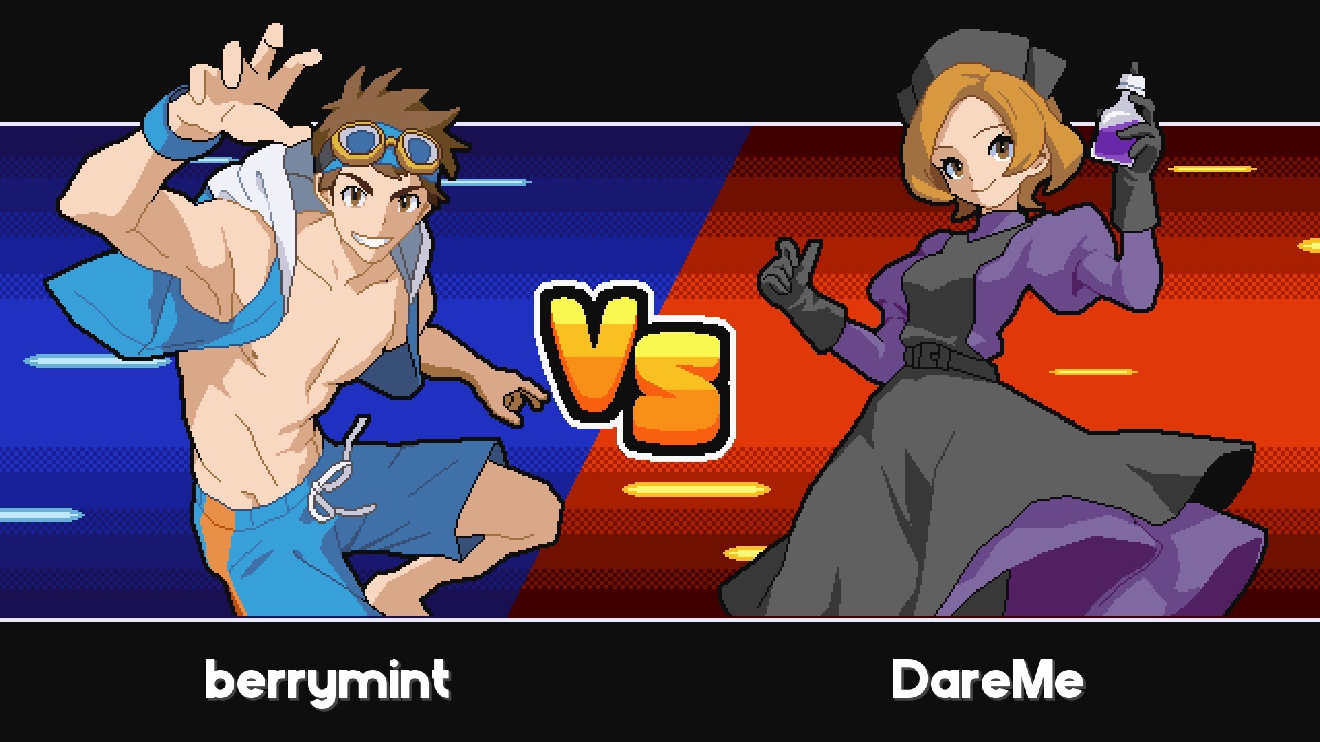 Two pixel-art characters face off in a 'VS' battle scene, labeled 'berrymint' and 'DareMe'.
