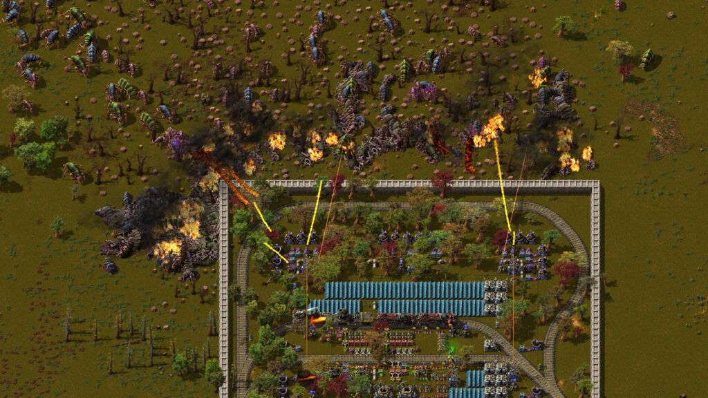 Solar arrays beside a Factorio outpost.