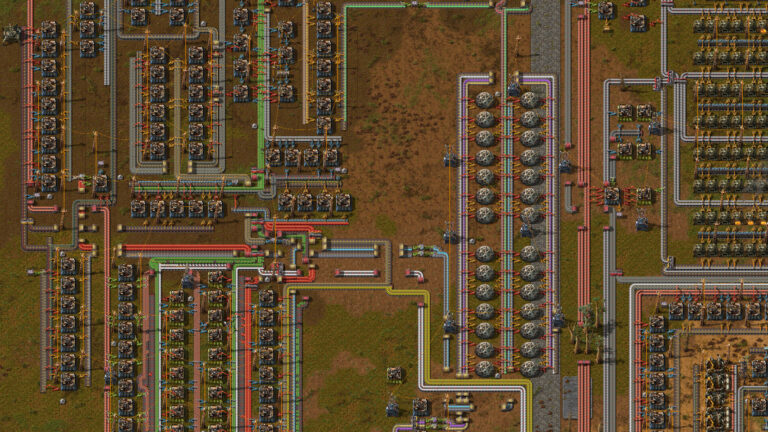 Factorio conveyor lines linking production areas.
