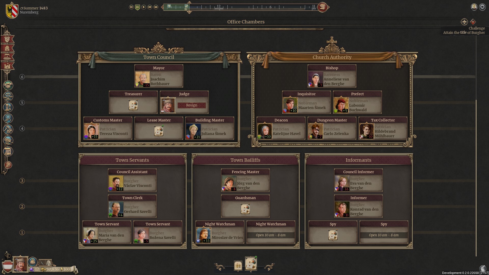 The Guild 1 Remake: Europa 1410 — Screenshot of The Guild 1 Remake: Europa 1410 game interface displaying administrative roles within a town's governance structure.