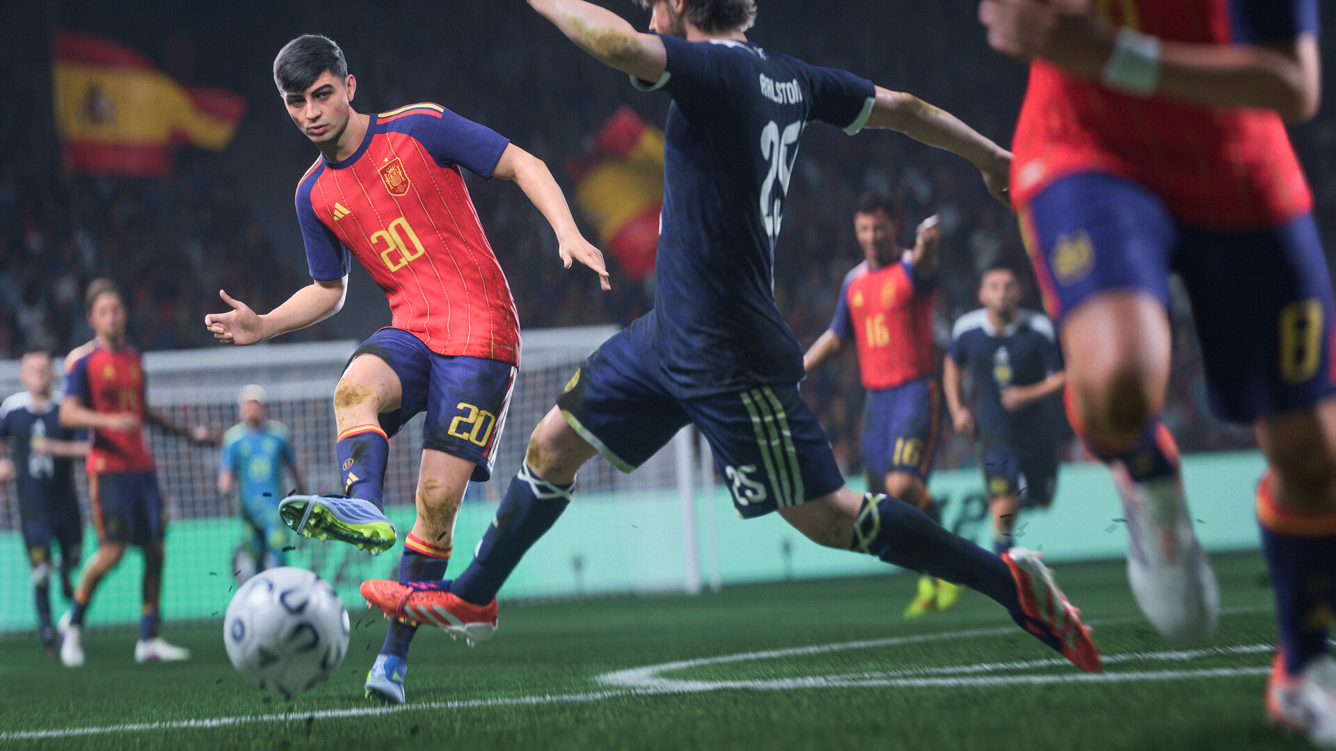 EA SPORTS FC™ 27 gameplay featuring a Spain player (20) dribbling during a match against an opposing player (25).