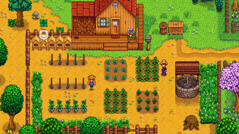 A publisher screenshot of an outdoor farm. Count the planting and watering schedule for each bed.