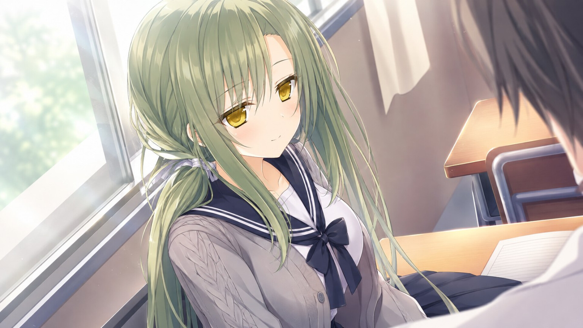 Sakura: The Eternal Night — Anime girl with green hair and golden eyes in a school uniform sitting at a desk in a classroom, looking at another character.