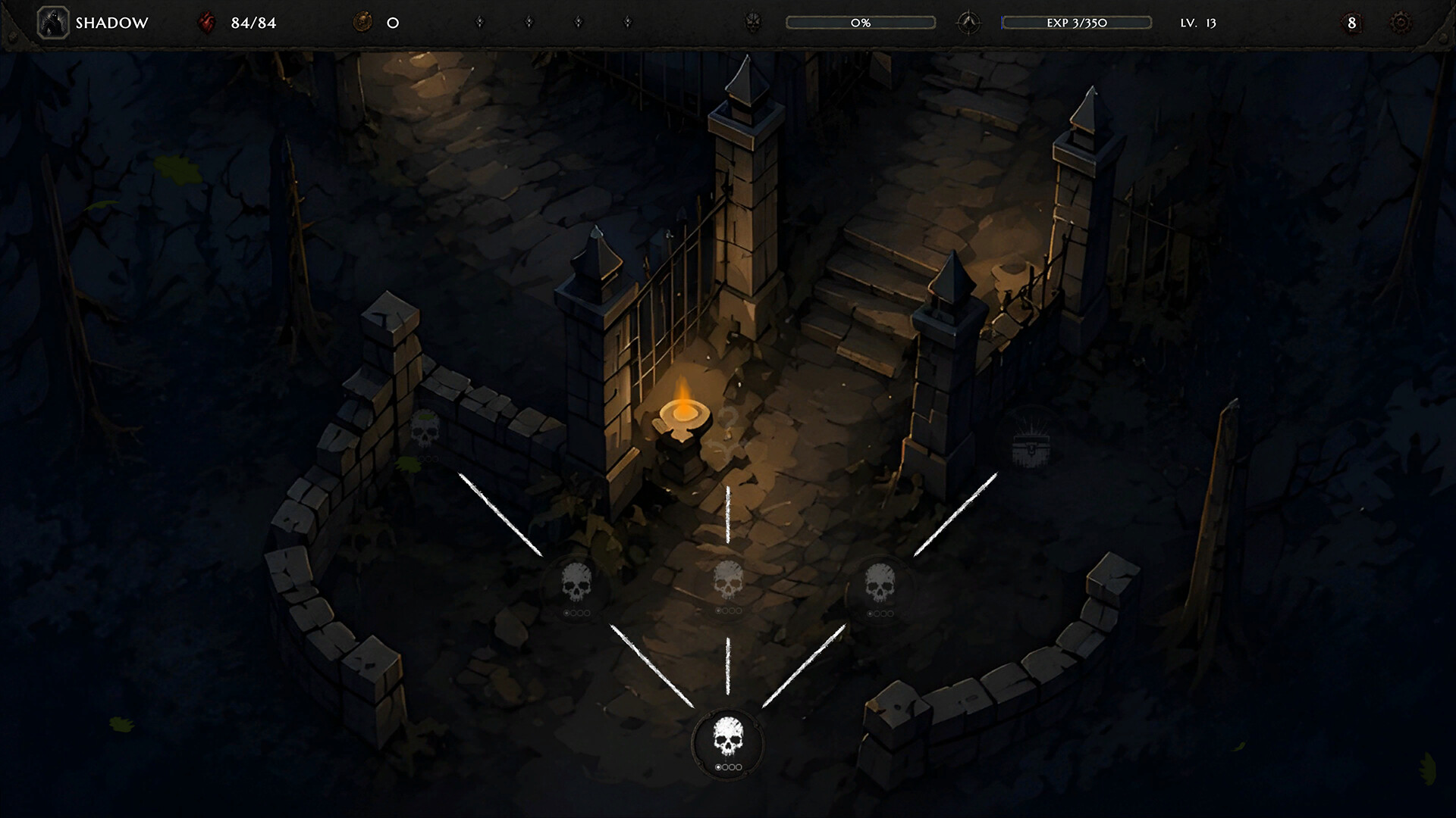 Noctiria — A top-down view of a dark, stone-walled courtyard with a central fire pit and directional arrows pointing to skull icons on the ground.