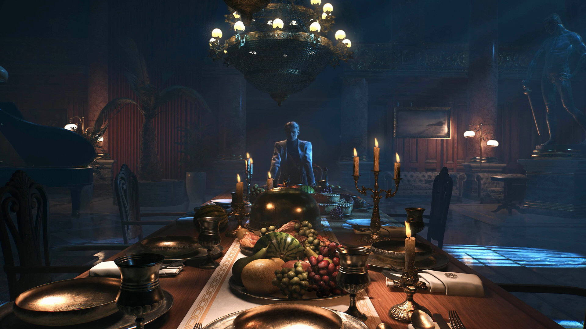 Dying Light: The Beast — An elegantly set dining table in a lavish, candlelit room with a large chandelier overhead.