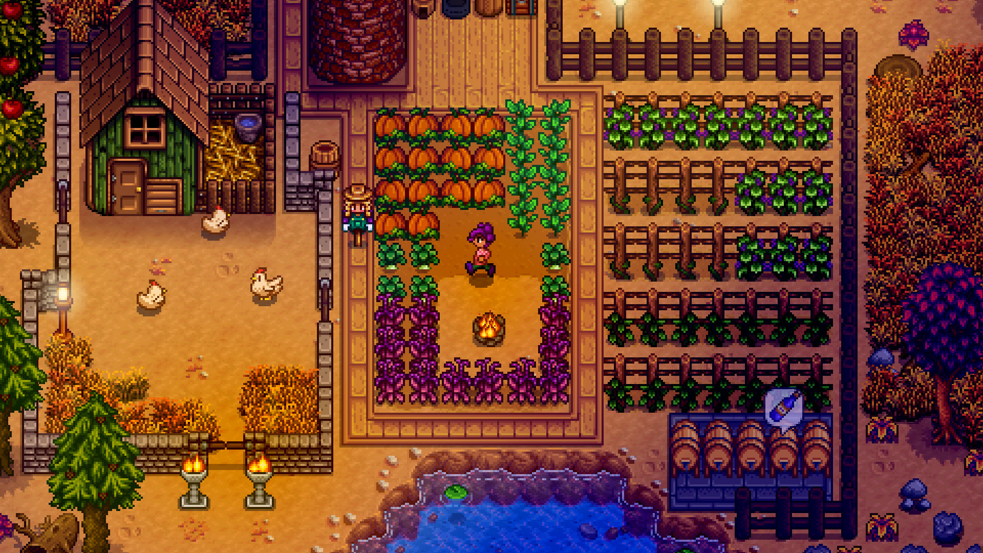 Seasonal crops and farm equipment in Stardew Valley.