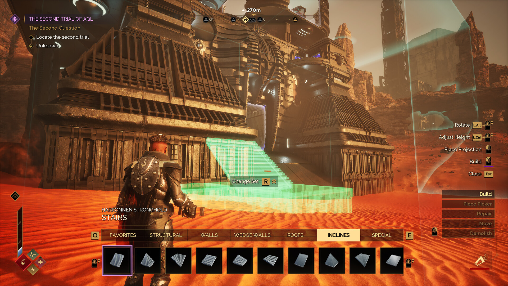 Dune: Awakening — Player character near Harkonnen Stronghold Stairs with construction tools active in a desert setting.