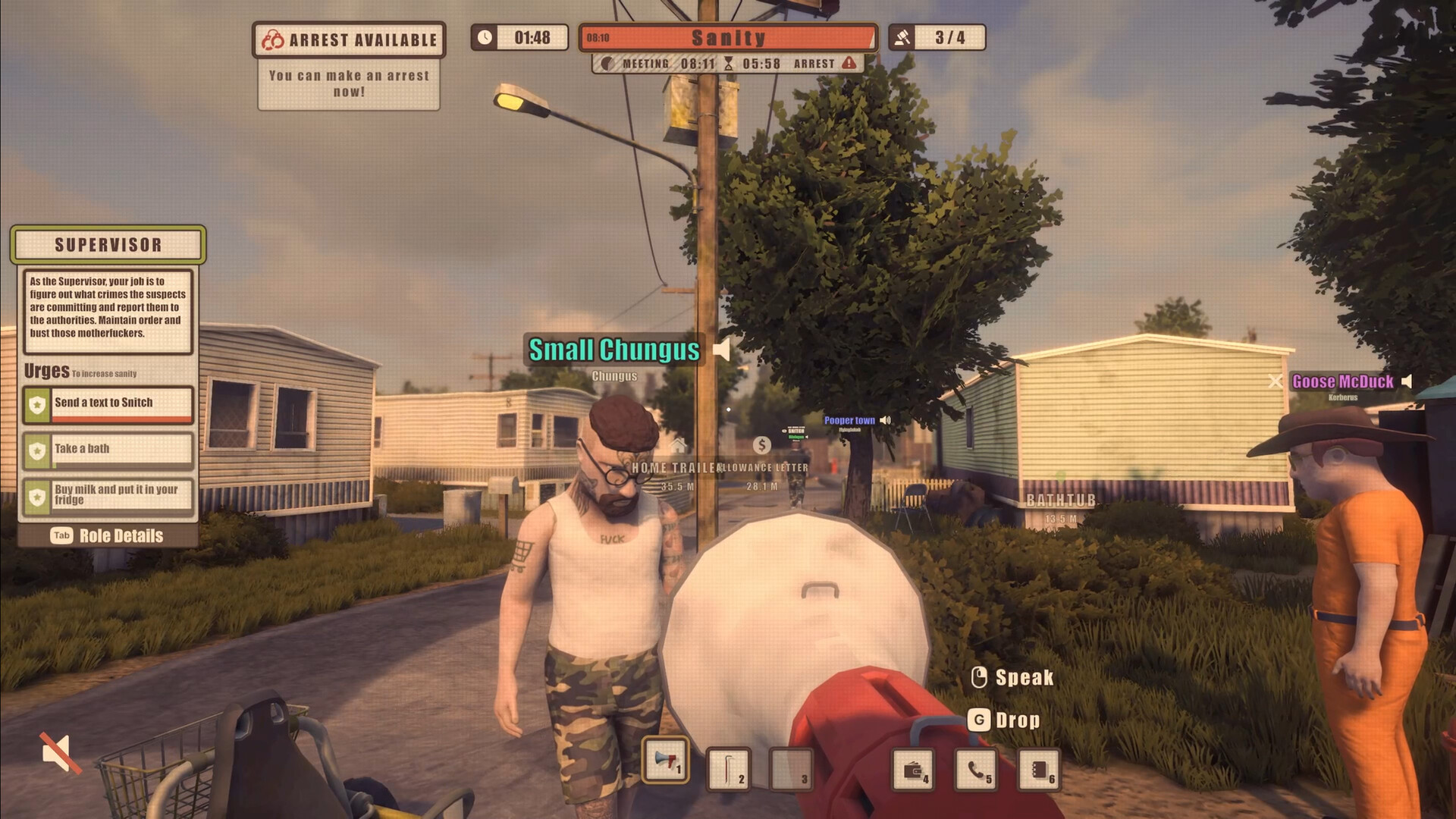 Dawson Oaks Trailer Park — A game scene in a trailer park featuring three characters: one wearing camouflage pants and a tank top, another in an orange jumpsuit, and a third character partially obscured. A shopping cart is visible nearby.