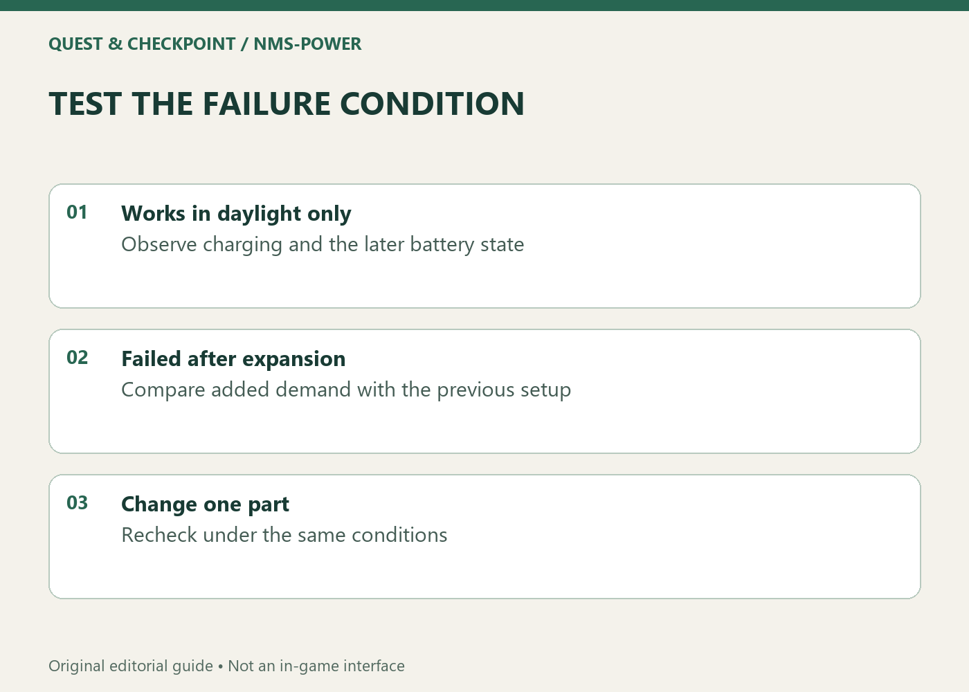 TEST THE FAILURE CONDITION; Works in daylight only; Observe charging and the later battery state; Failed after expansion; Compare added demand with the previous setup; Change one part; Recheck under the same conditions