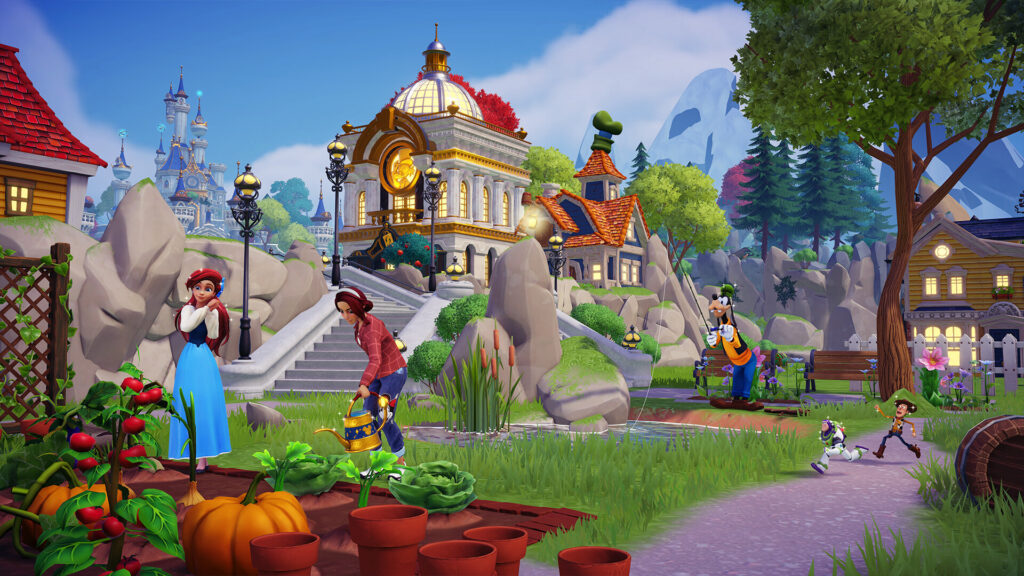 Village scene with multiple Disney characters including Ariel, Olaf, Goofy, Woody, and Buzz Lightyear near a garden and clock tower building under a bright sky.
