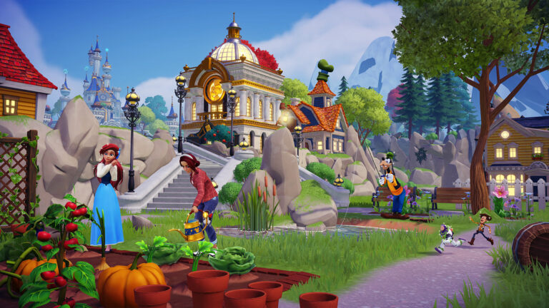 Village scene with multiple Disney characters including Ariel, Olaf, Goofy, Woody, and Buzz Lightyear near a garden and clock tower building under a bright sky.