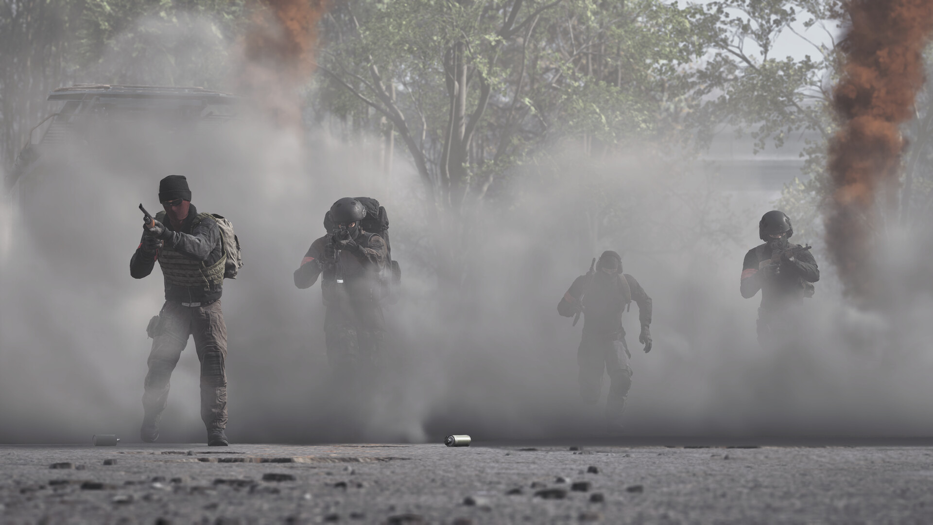 WARDOGS — Soldiers advancing through smoke during combat.