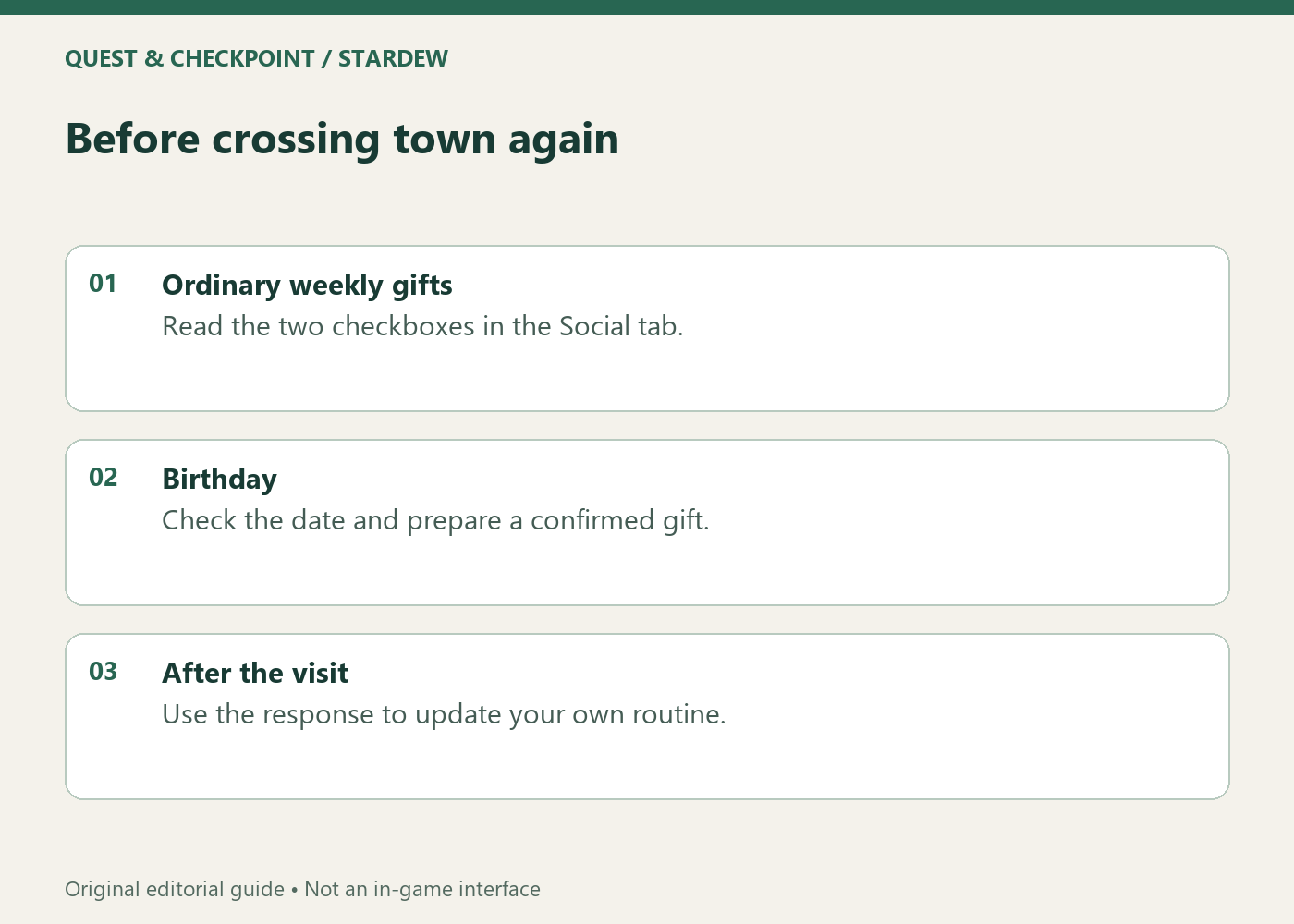 Before crossing town again; Ordinary weekly gifts; Read the two checkboxes in the Social tab.; Birthday; Check the date and prepare a confirmed gift.; After the visit; Use the response to update your own routine.