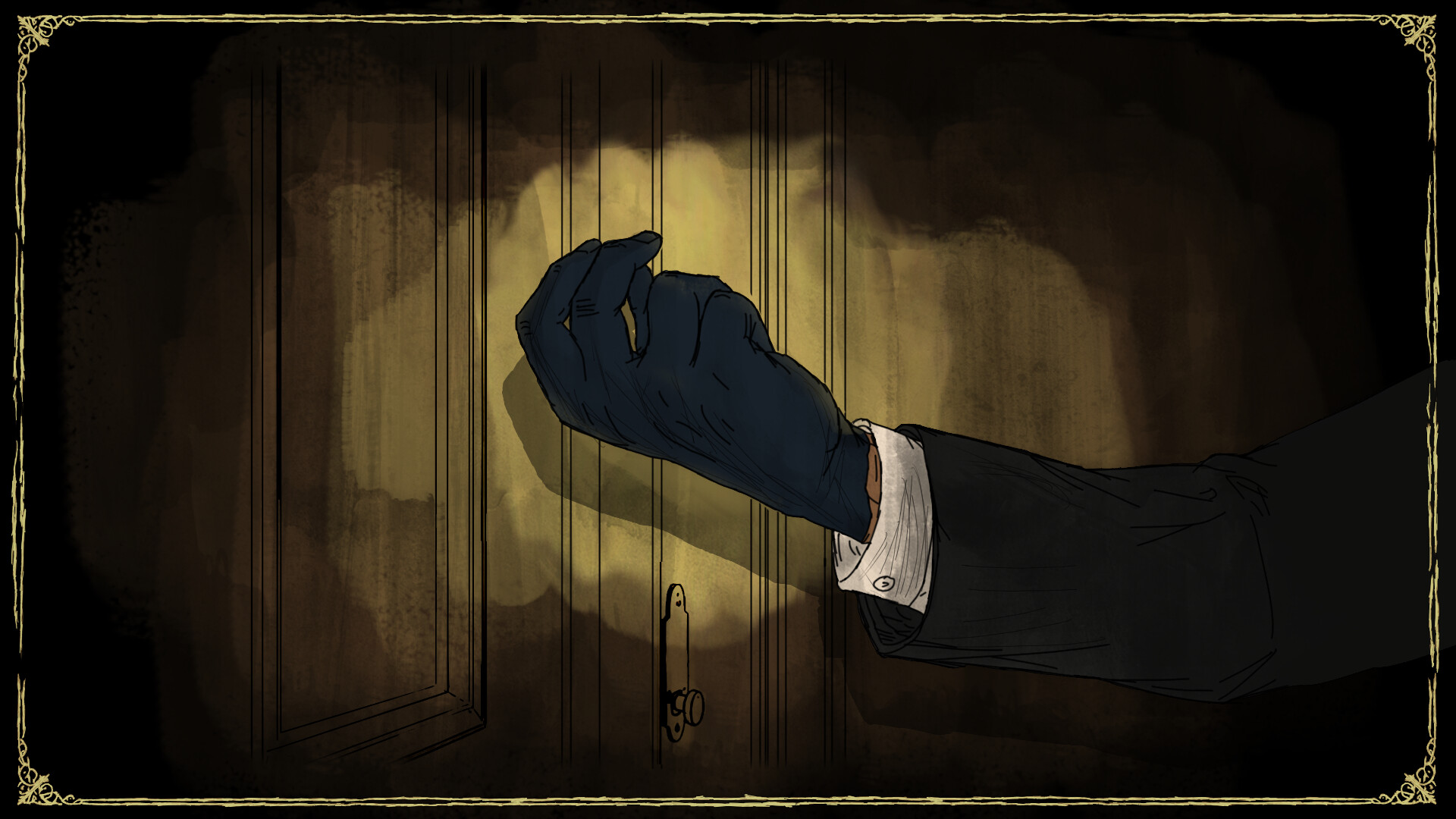 Debt of Life — A gloved hand in a dark suit reaches toward a wooden door with vertical paneling and a metal handle, illuminated by warm light against a shadowy background.