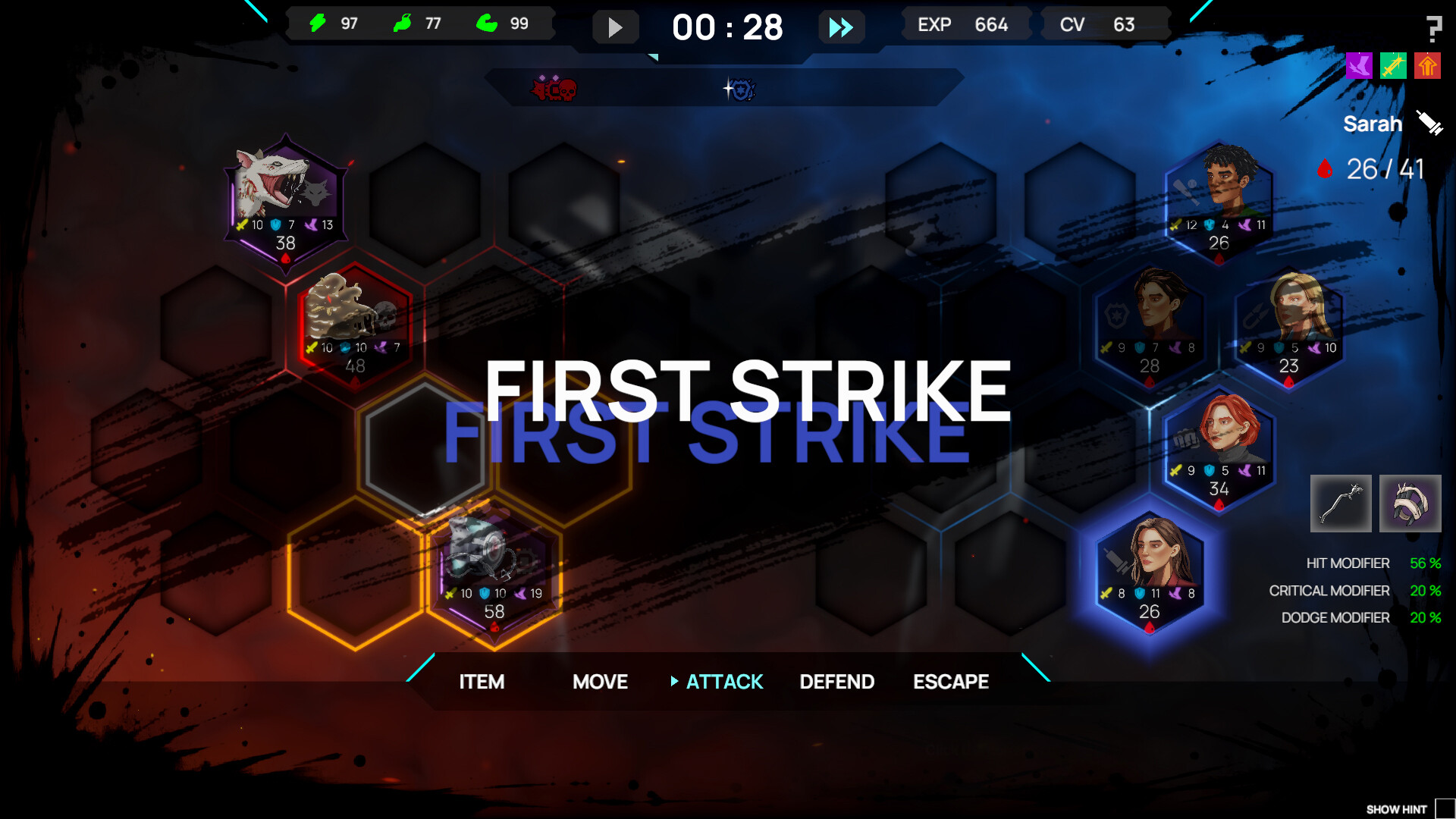 Tactical combat screen from Crystant game featuring character portraits, hexagonal grid, and action options like Attack and Defend.