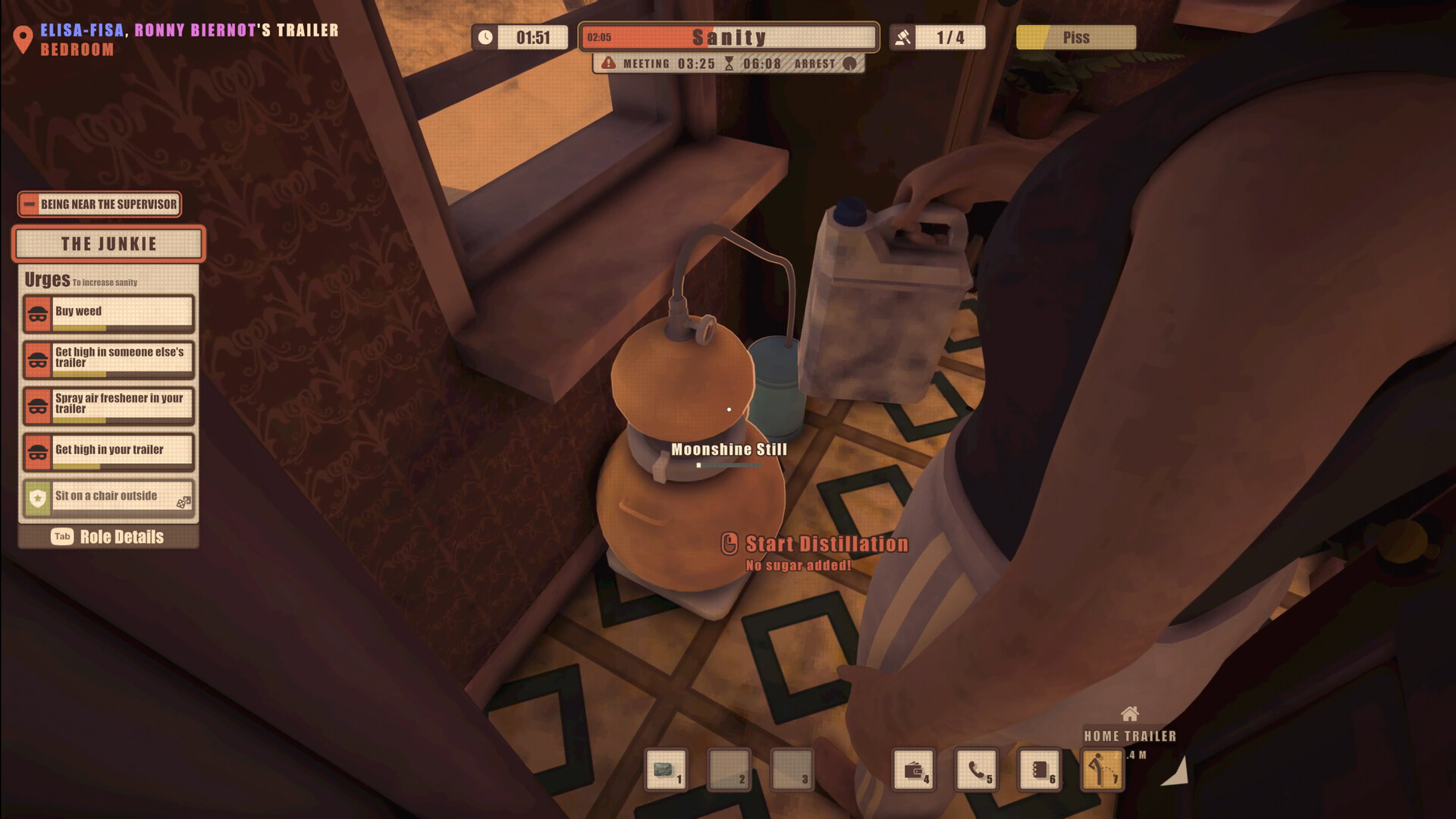 Dawson Oaks Trailer Park — Player character inside a trailer, preparing to start distillation using a Moonshine Still and a jug, with game UI displaying mission details and inventory.