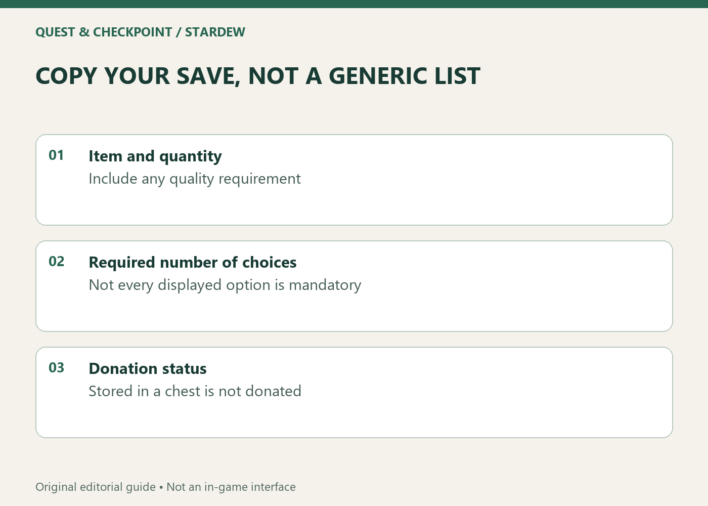 COPY YOUR SAVE, NOT A GENERIC LIST; Item and quantity; Include any quality requirement; Required number of choices; Not every displayed option is mandatory; Donation status; Stored in a chest is not donated