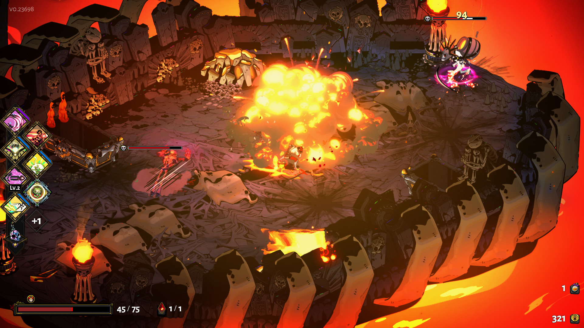 Combat on a lava-bordered Hades arena