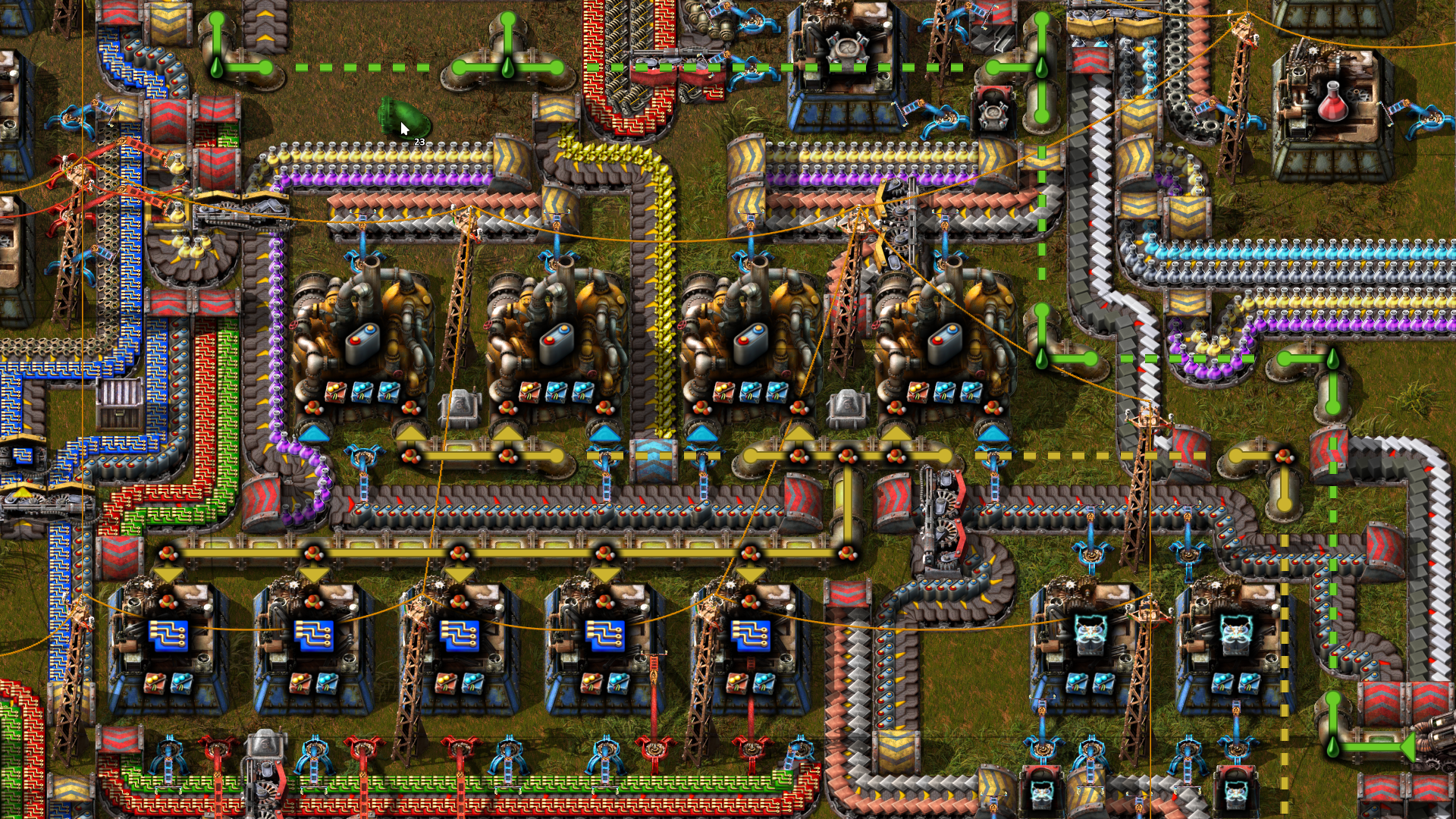 Factorio pipes highlighted by fluid type around a processing installation