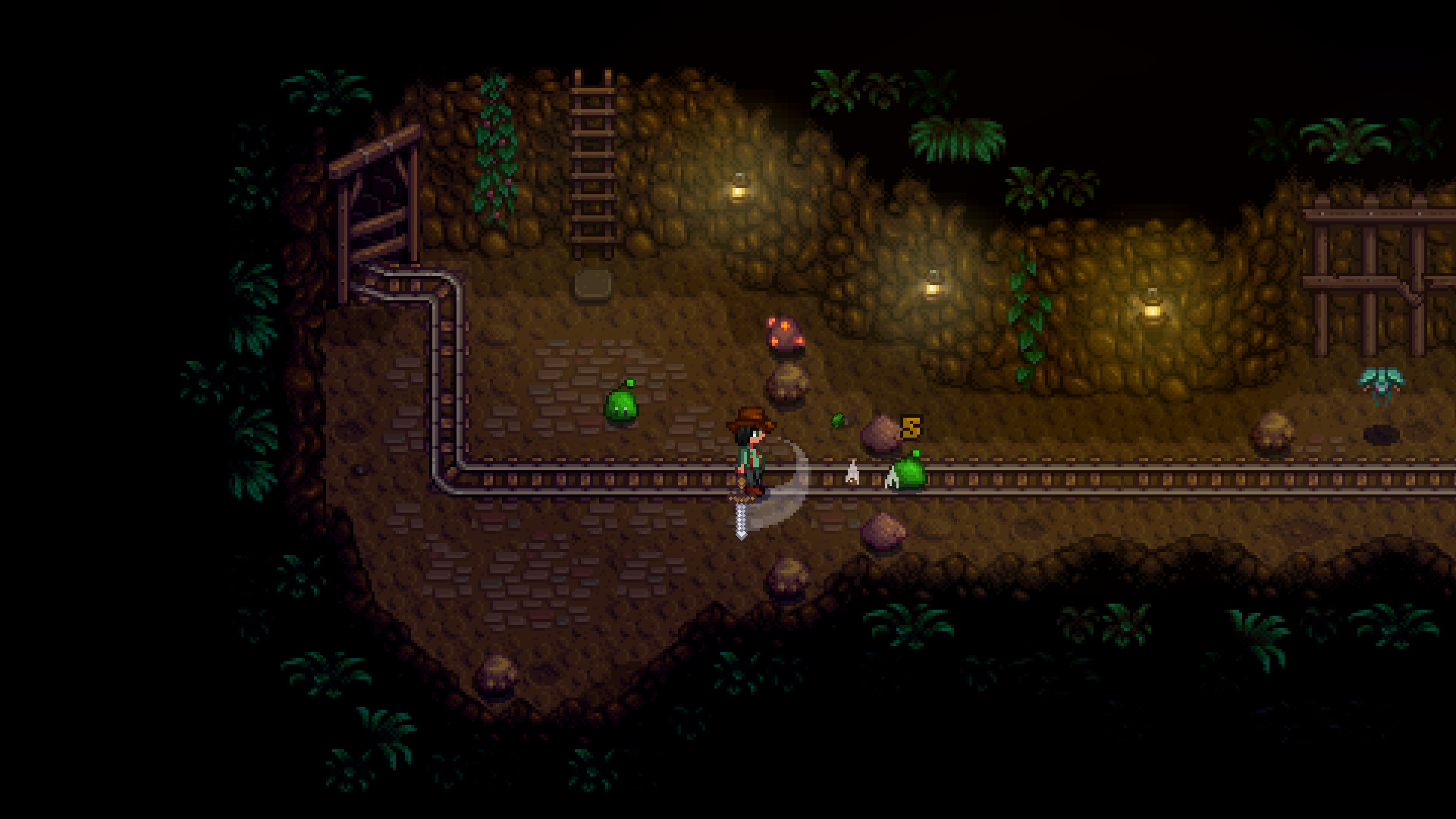 A player fighting slimes on a Stardew Valley mine floor
