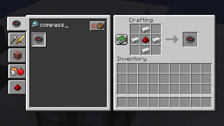 Minecraft crafting menu with four iron ingots and redstone arranged into a compass