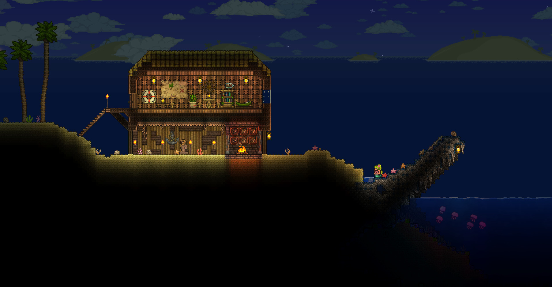 A furnished Terraria house beside the sea
