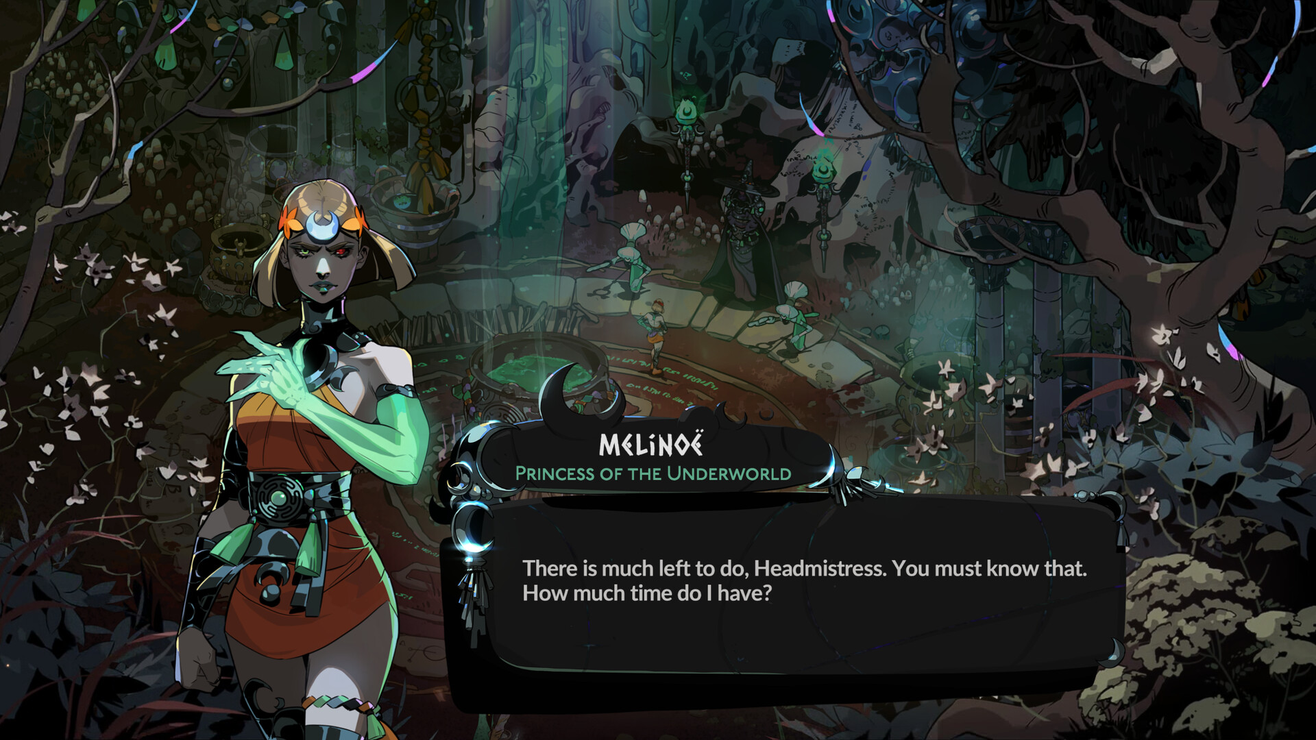 Melinoë speaking with Hecate in a Hades II dialogue scene
