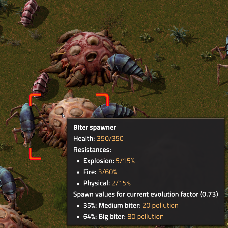 A Factorio biter spawner and its historical pollution-related tooltip