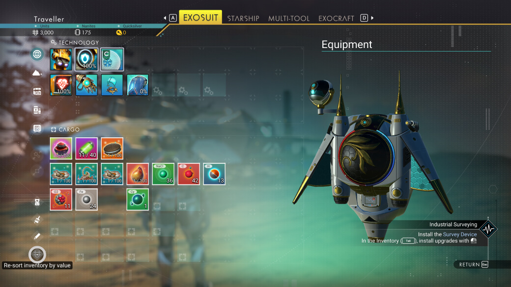 Official exosuit inventory screenshot with separate equipment and cargo areas