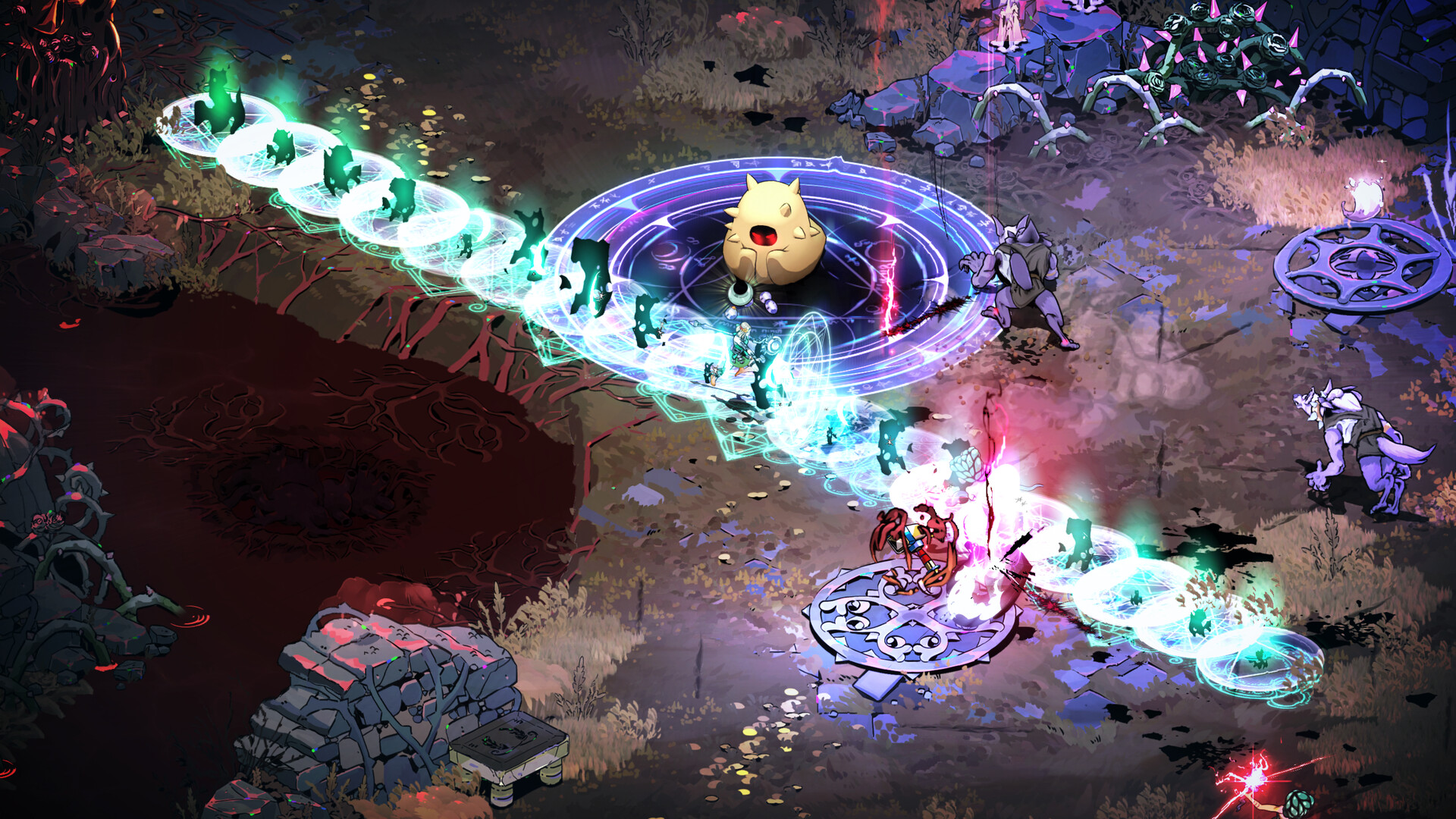 Hades II battle with bright magical projectiles crossing the arena
