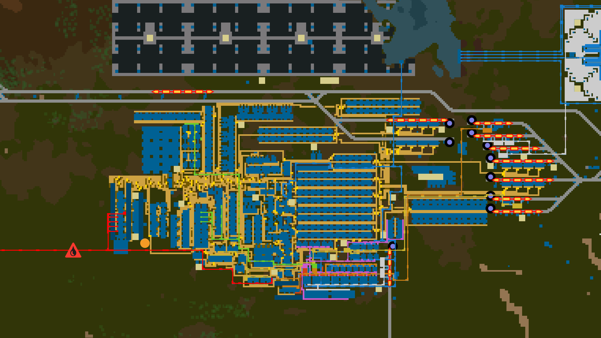 Factorio map showing coloured fluid networks and their routes