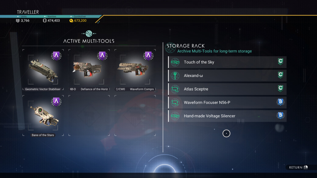 Official Multi-Tool archive interface showing active tools and a storage rack