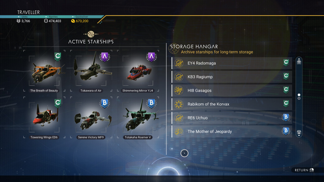 Official No Man's Sky interface showing active starships and storage hangar lists