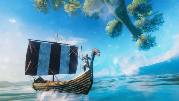 A Valheim longship sailing across open water