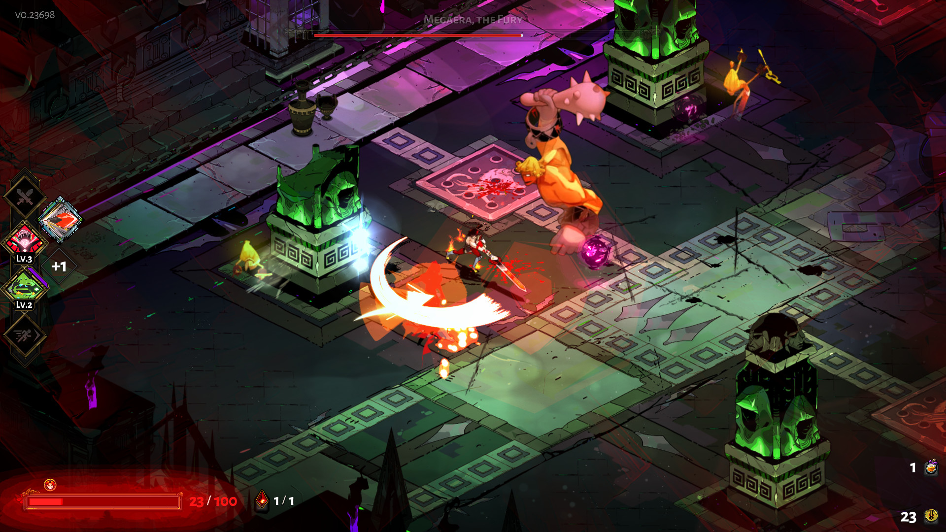 Zagreus fighting in Megaera's chamber in an official early Hades screenshot