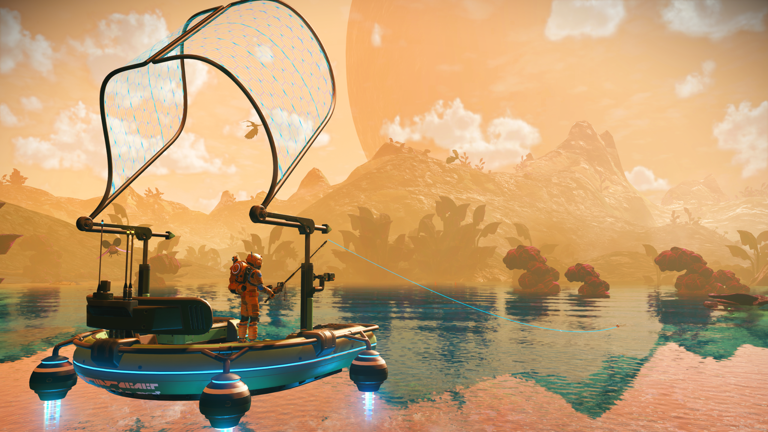 A Traveller fishing from an Exo-Skiff on alien water