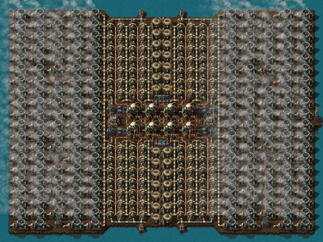 Factorio nuclear complex with reactors, heat exchangers, steam tanks and turbines
