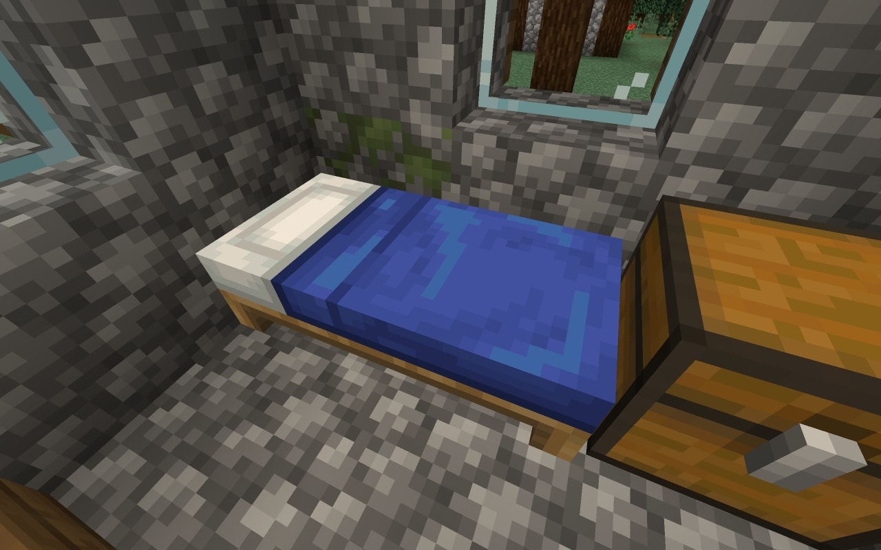 Blue Minecraft bed inside a small wooden village house